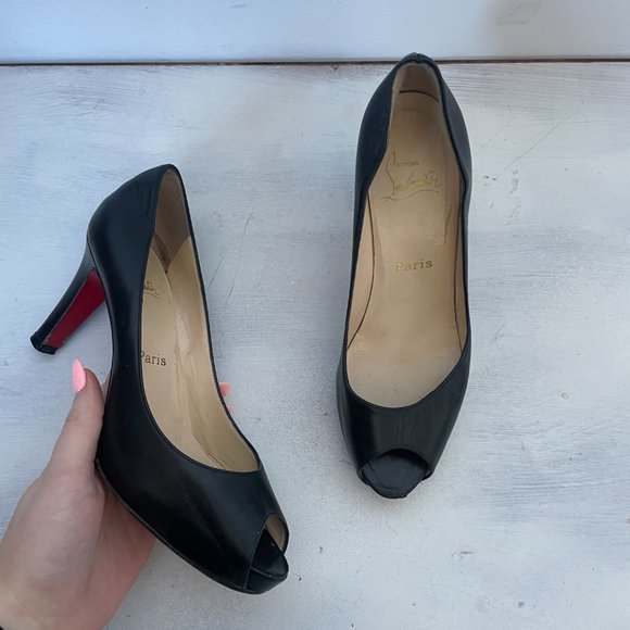 Christian Louboutin Very Prive Black Leather Peep Toe Pumps Heels - Picture 4 of 14